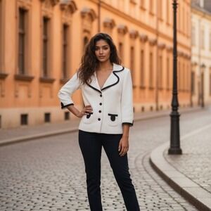 Kay Unger Cream Blazer Black Trim Ornate Buttons Size S/M